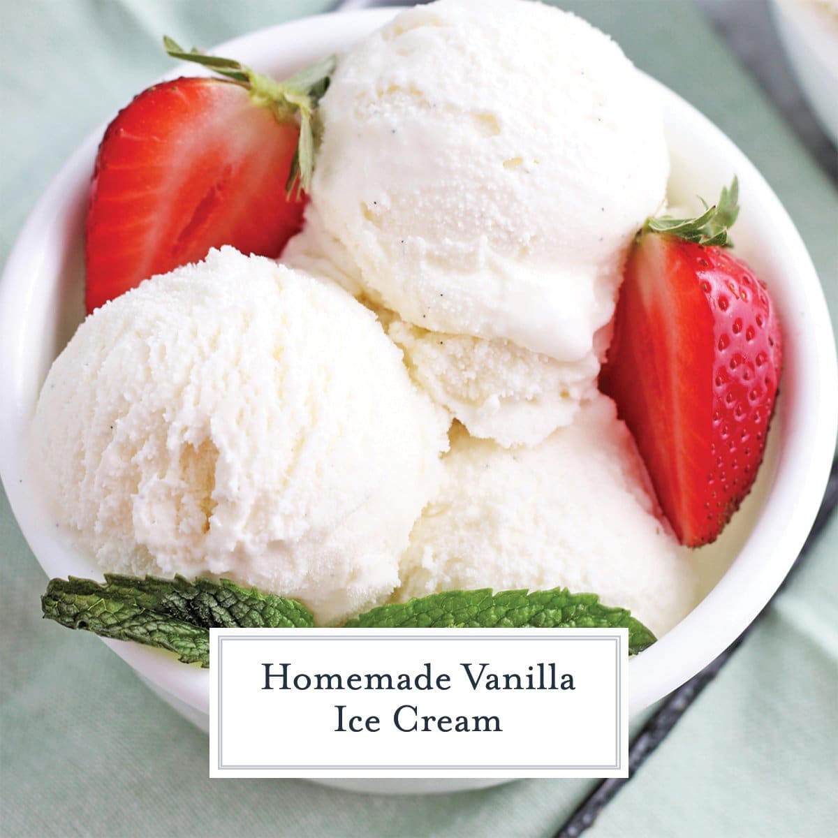 close up of scoops of vanilla ice cream with strawberries 