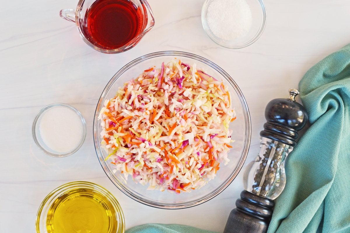 overhead ingredients of vinegar coleslaw recipe