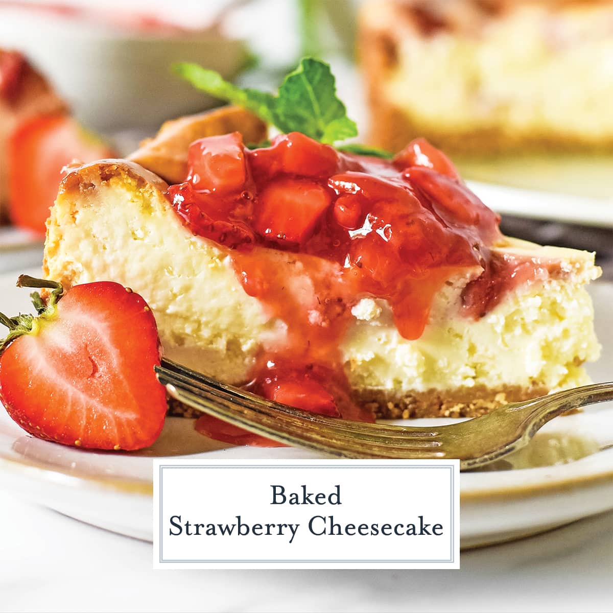 close up slice of strawberry swirl cheesecake