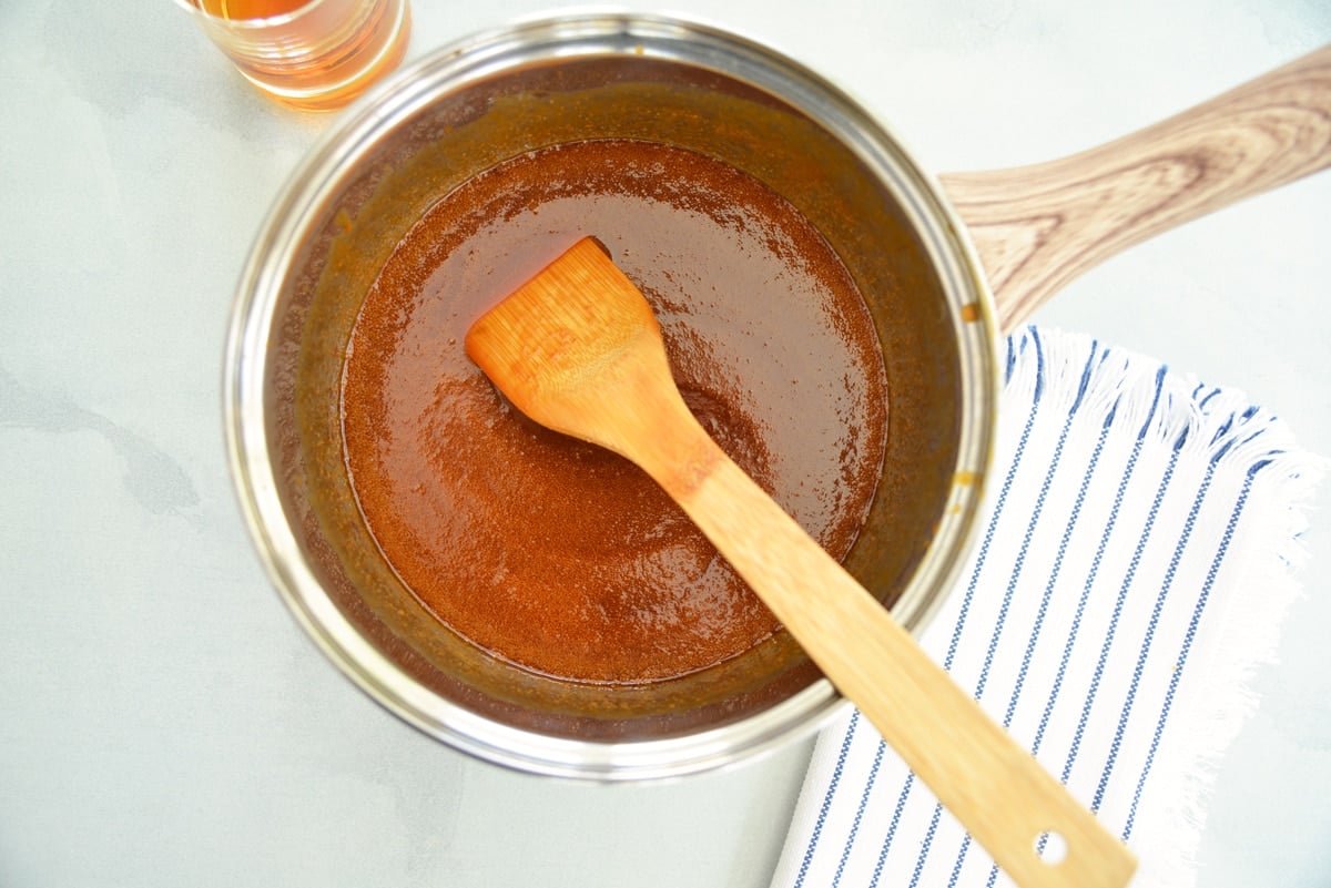 overhead of caramel in a saucepan 