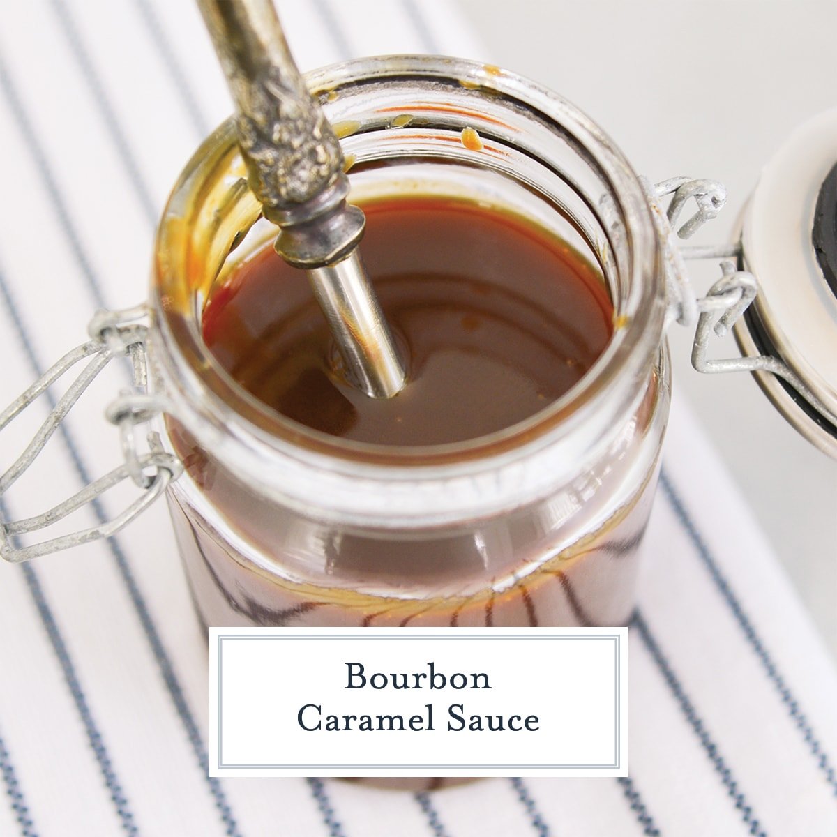 overhead of homemade caramel in a glass jar  