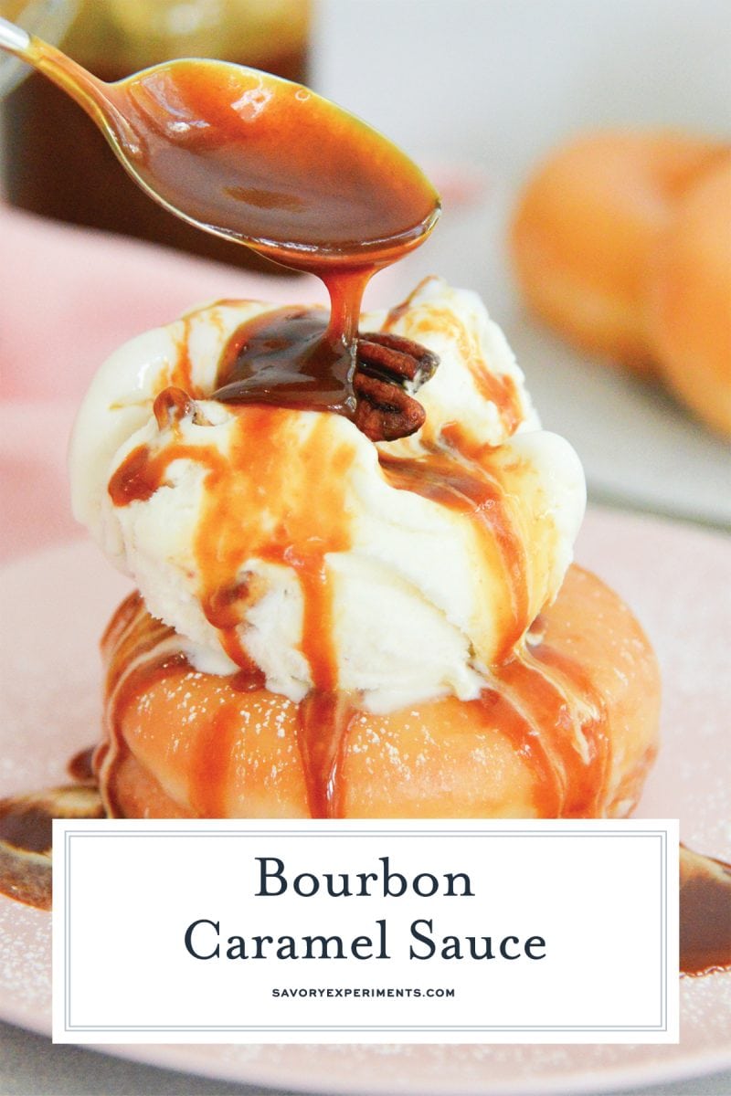 spooning caramel sauce over ice cream for pinterest 