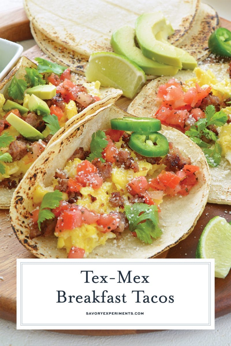 close up of a sausage and egg taco - breakfast taco recipe for pinterest 