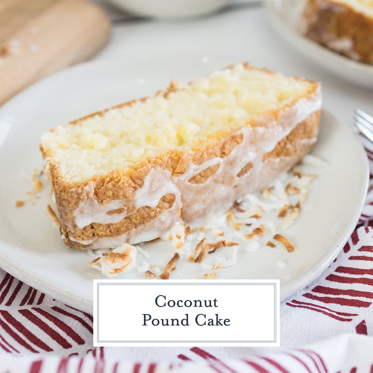 slice of iced coconut pound cake on a white plate 