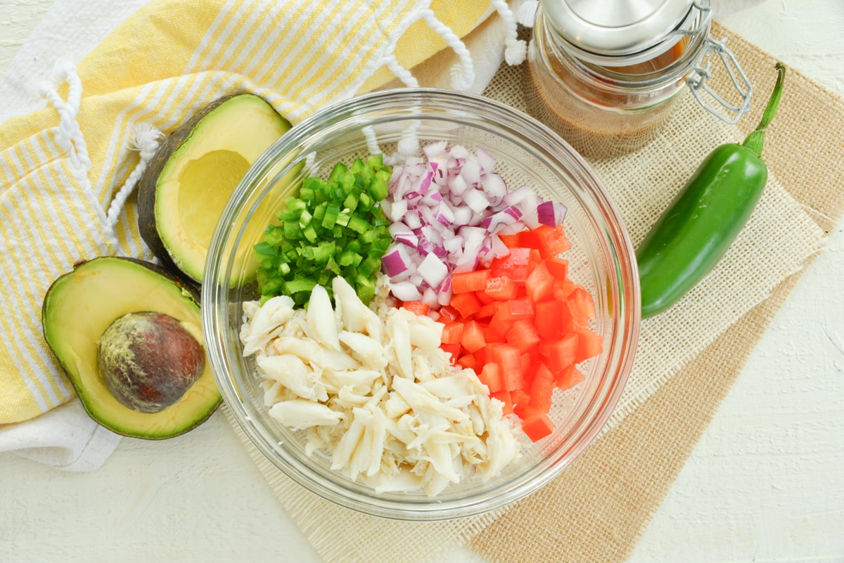 overhead bowl of crab salad ingredients 