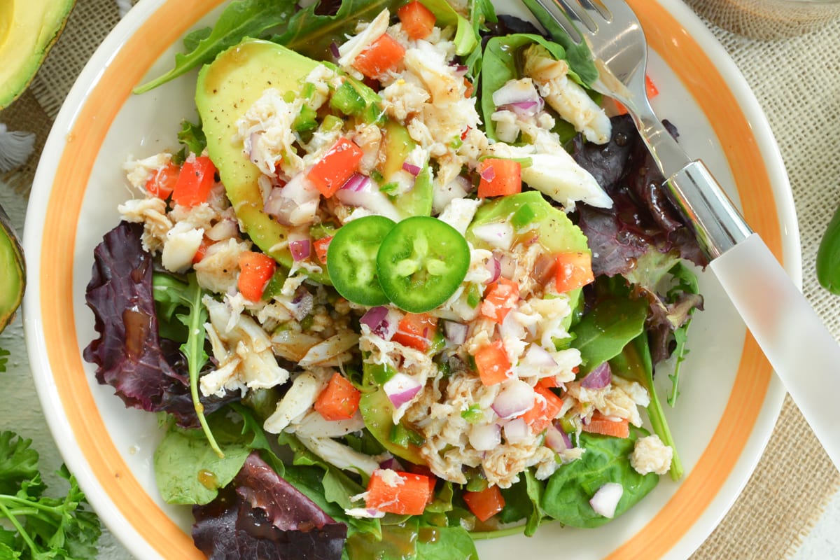 close up overhead of avocado salad 