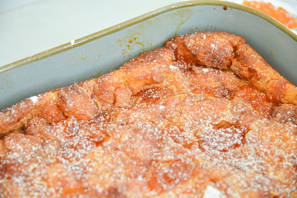 angle corner view of bread pudding in a baking dish 