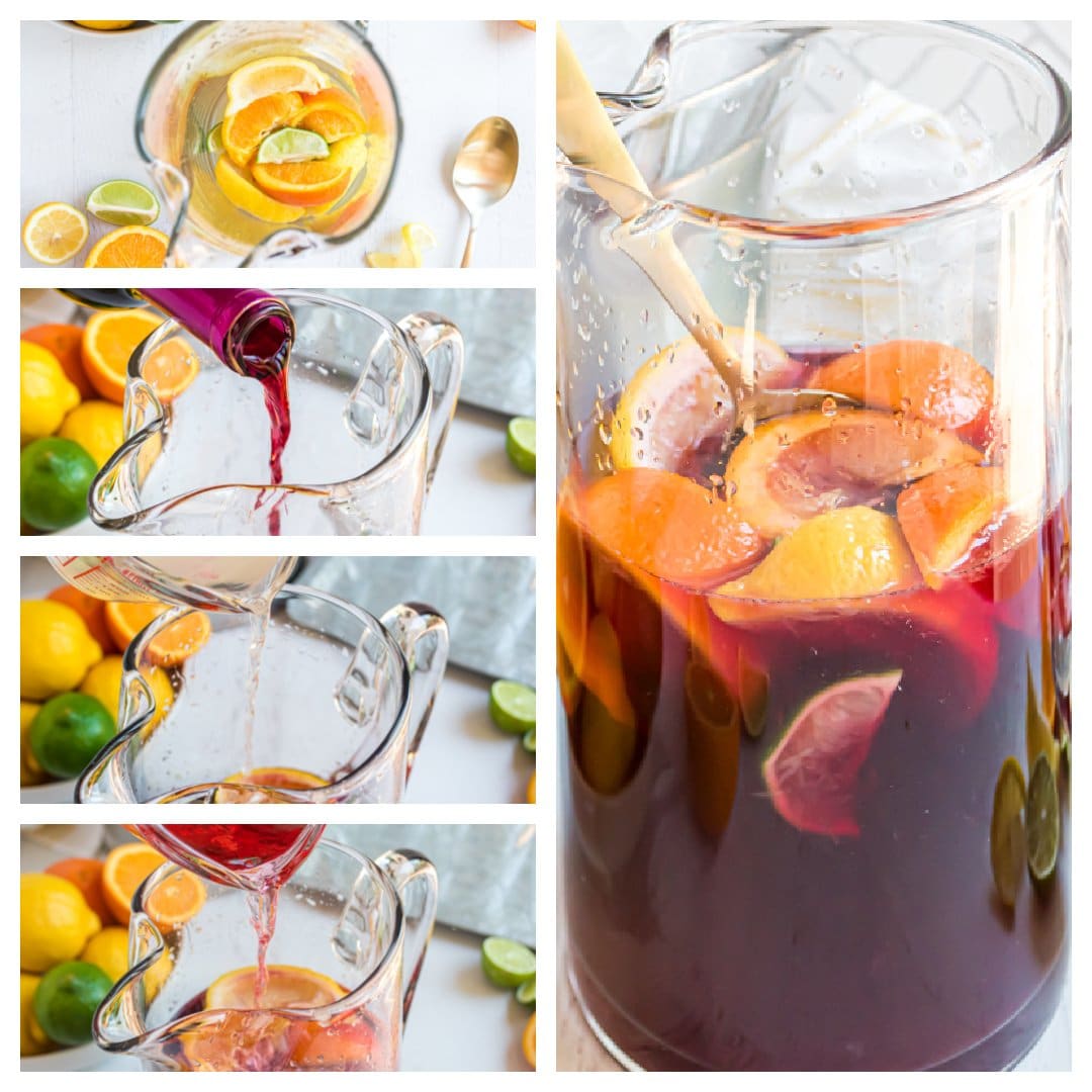 step-by-step images showing how to make sangria in a pitcher 