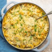 overhead of chicken tetrazzini casserole with spoon