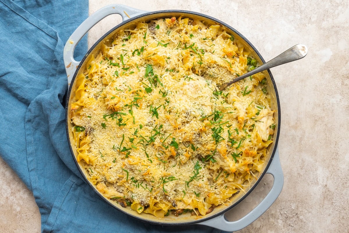 overhead of chicken tetrazzini casserole with spoon