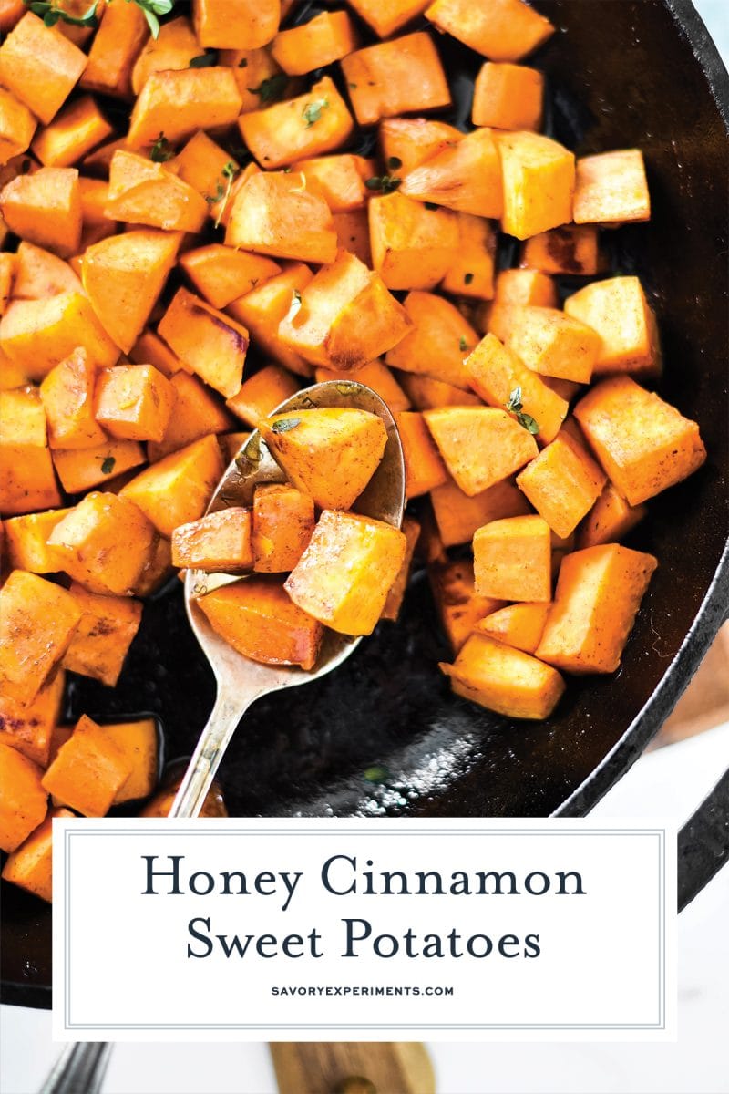 close up of pan fried sweet potatoes with cinnamon and honey 