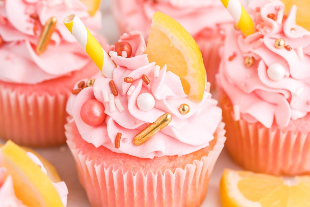 angle close up of pink lemonade cupcakes 