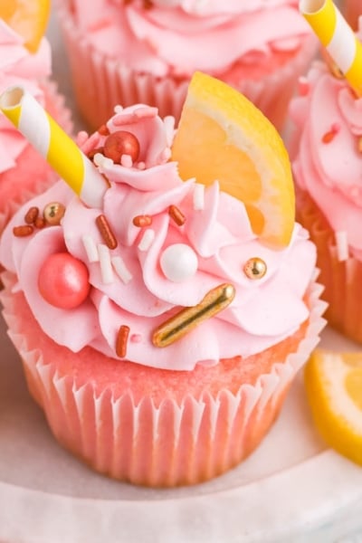 close up of pink lemonade cupcakes