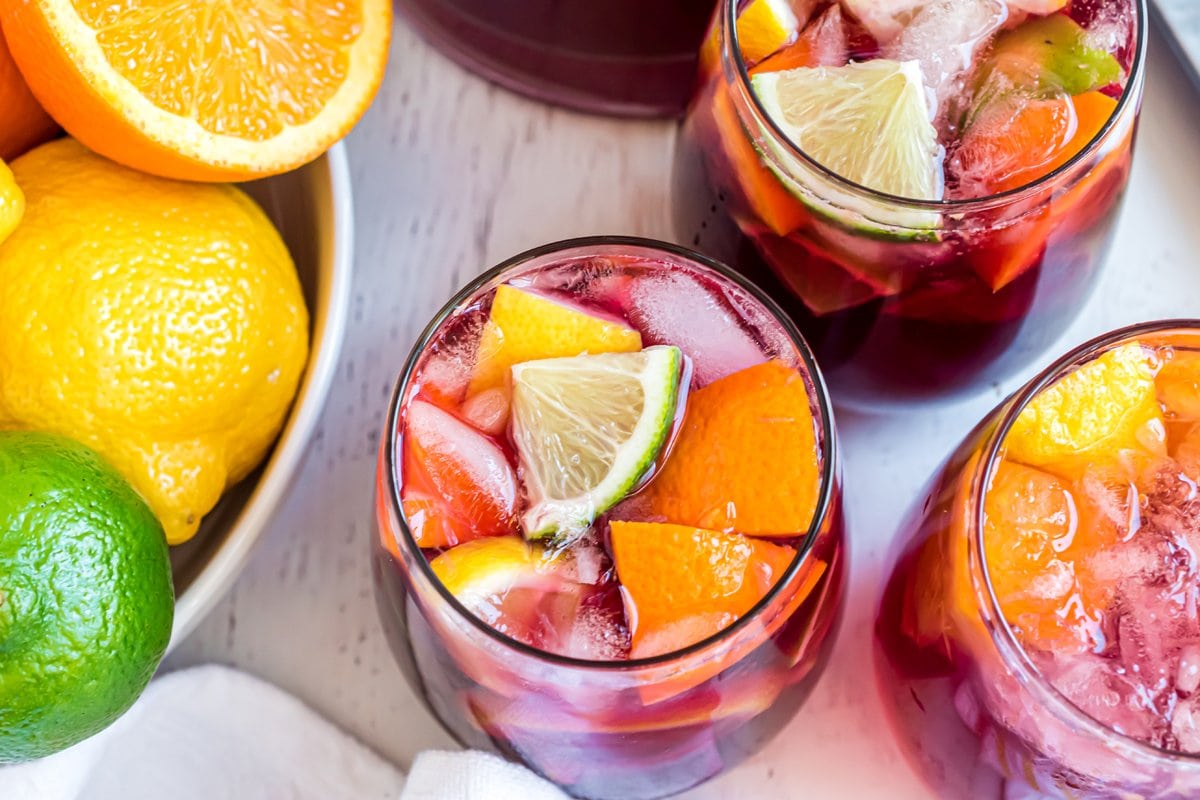 overhead shot of glasses of red sangria