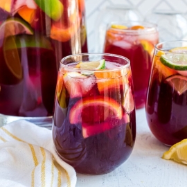 easy red sangria recipe in a stemless wine glass