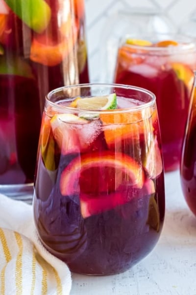 easy red sangria recipe in a stemless wine glass