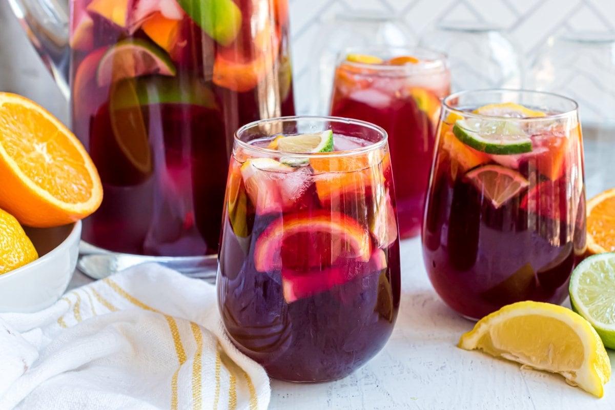 easy red sangria recipe in a stemless wine glass