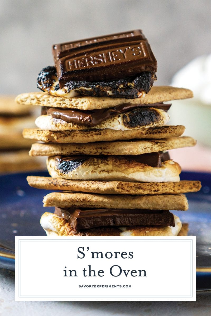 close up of smores on a blue plate 