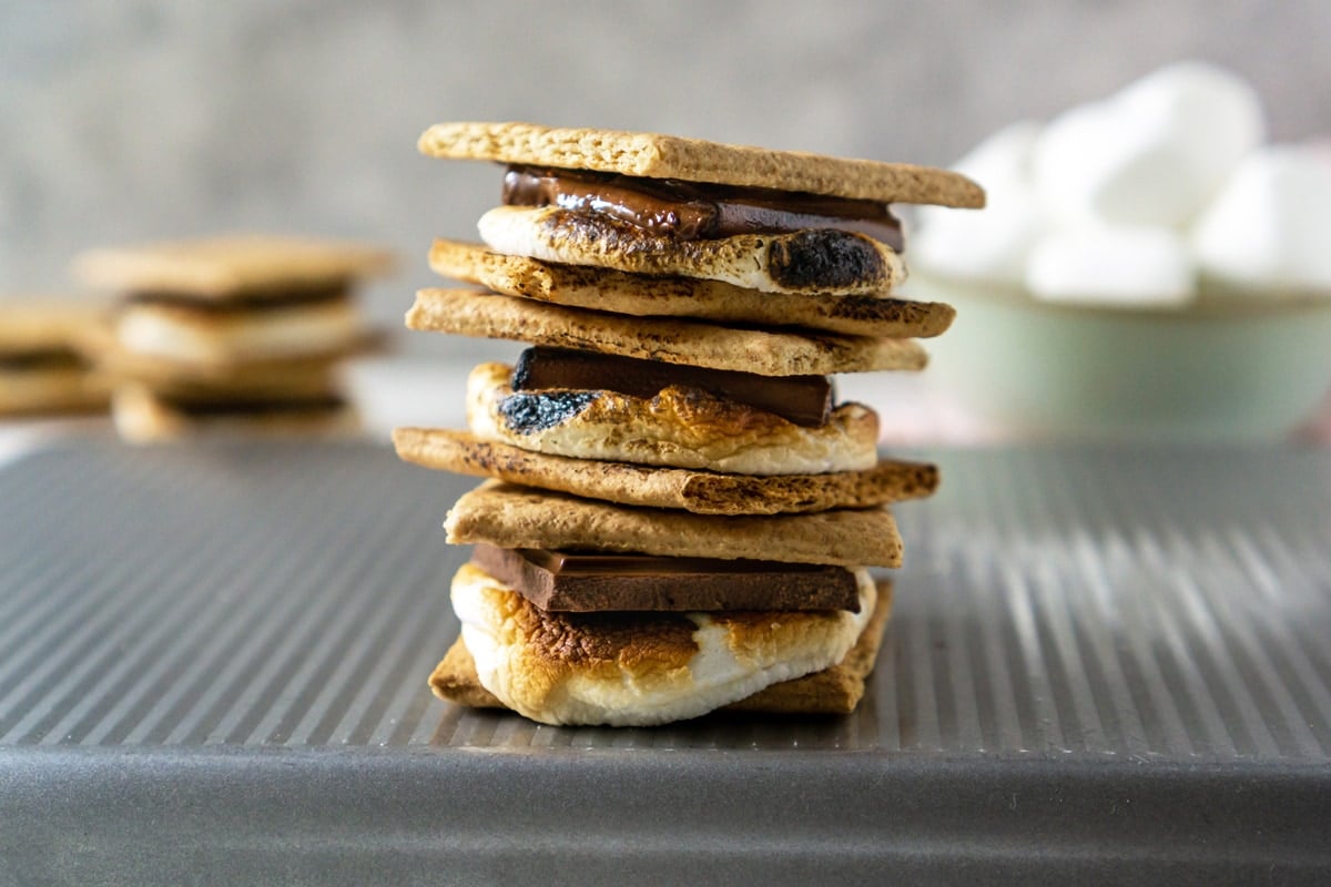 stack of smores on a baking sheet 