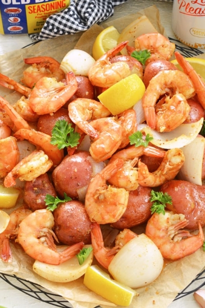 platter of steamed shrimp with beer and old bay