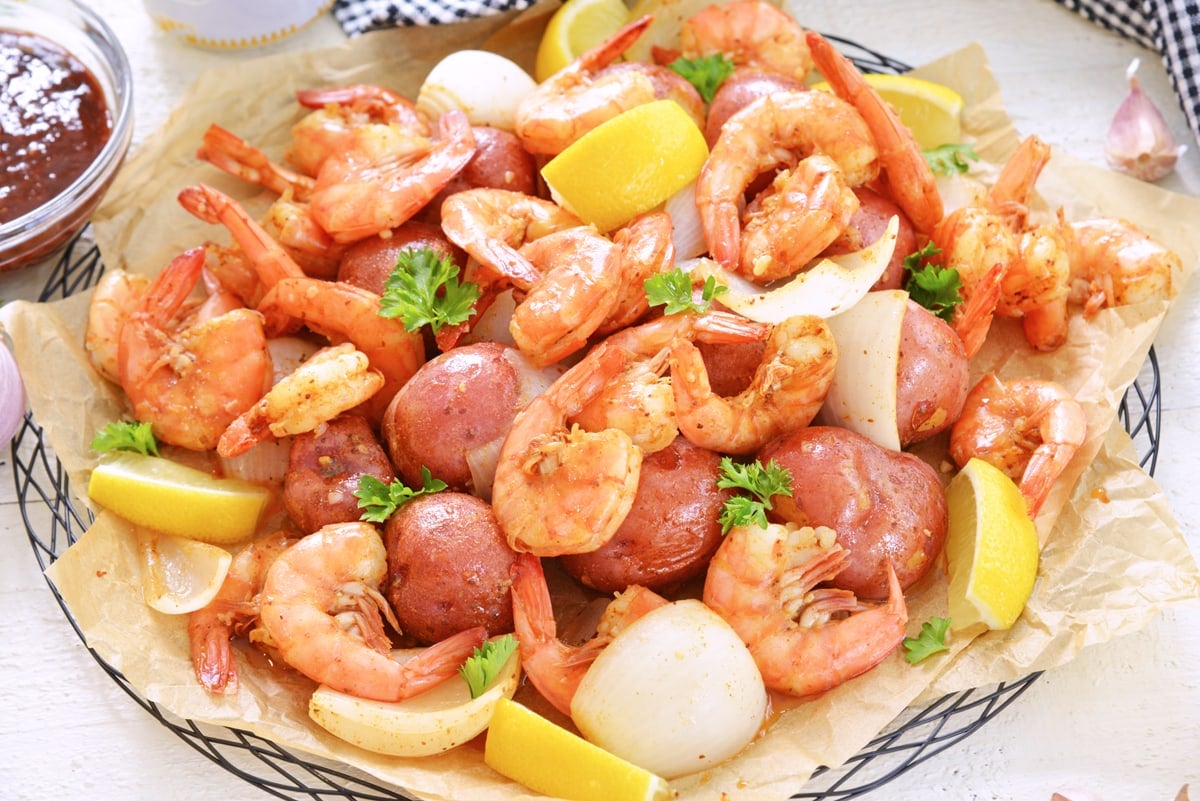 angle platter of steamed shrimp