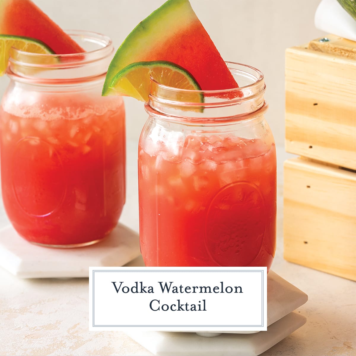two vodka watermelon cocktails on coasters with text overlay for facebook