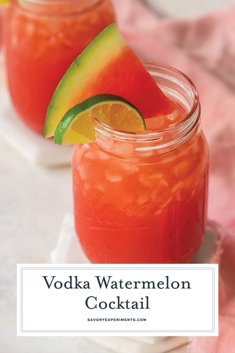 angled shot of vodka watermelon cocktail with text overlay for pinterest