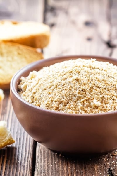 wooden bowl of homemade bread crumbs
