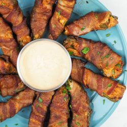 overhead shot of bacon wrapped jalapeno poppers