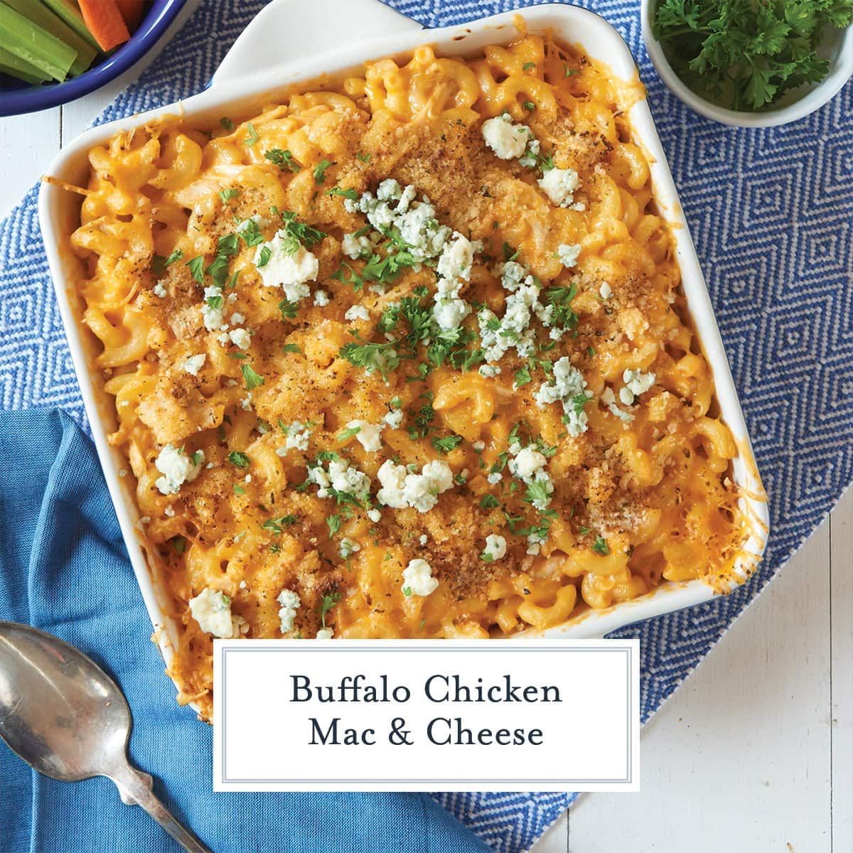 overhead of buffalo chicken mac and cheese with blue cheese and parsley 