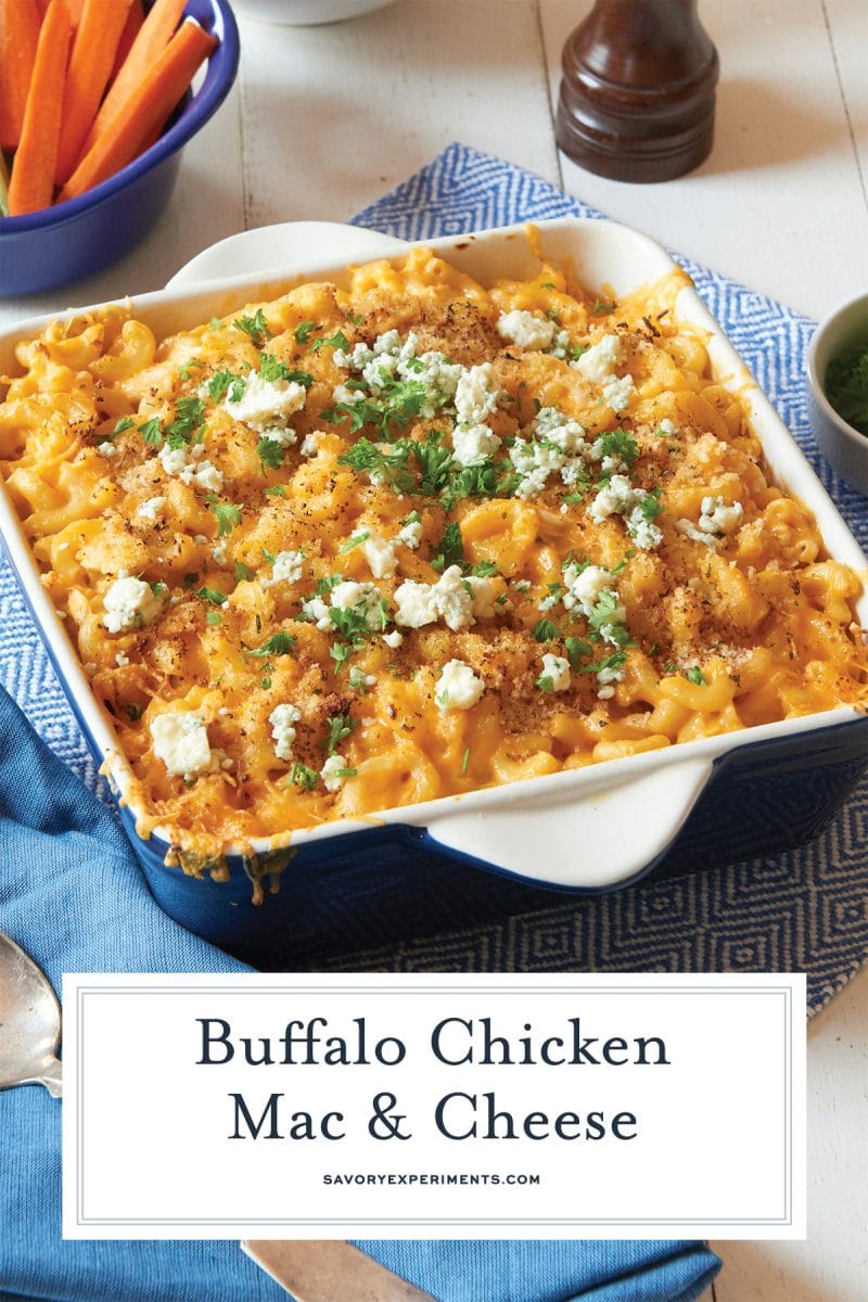 angle close up of buffalo chicken mac and cheese 