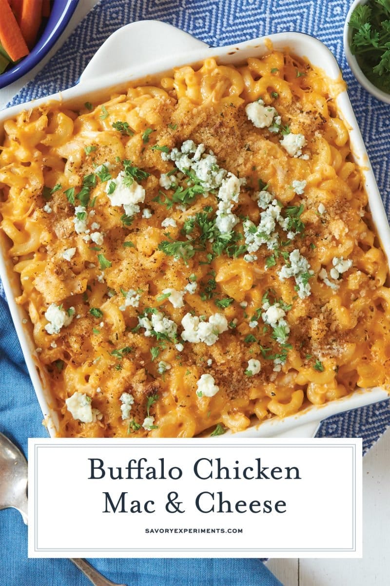 close up of buffalo chicken mac and cheese 