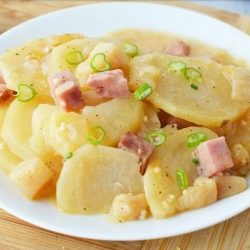 ham and potato casserole on plate