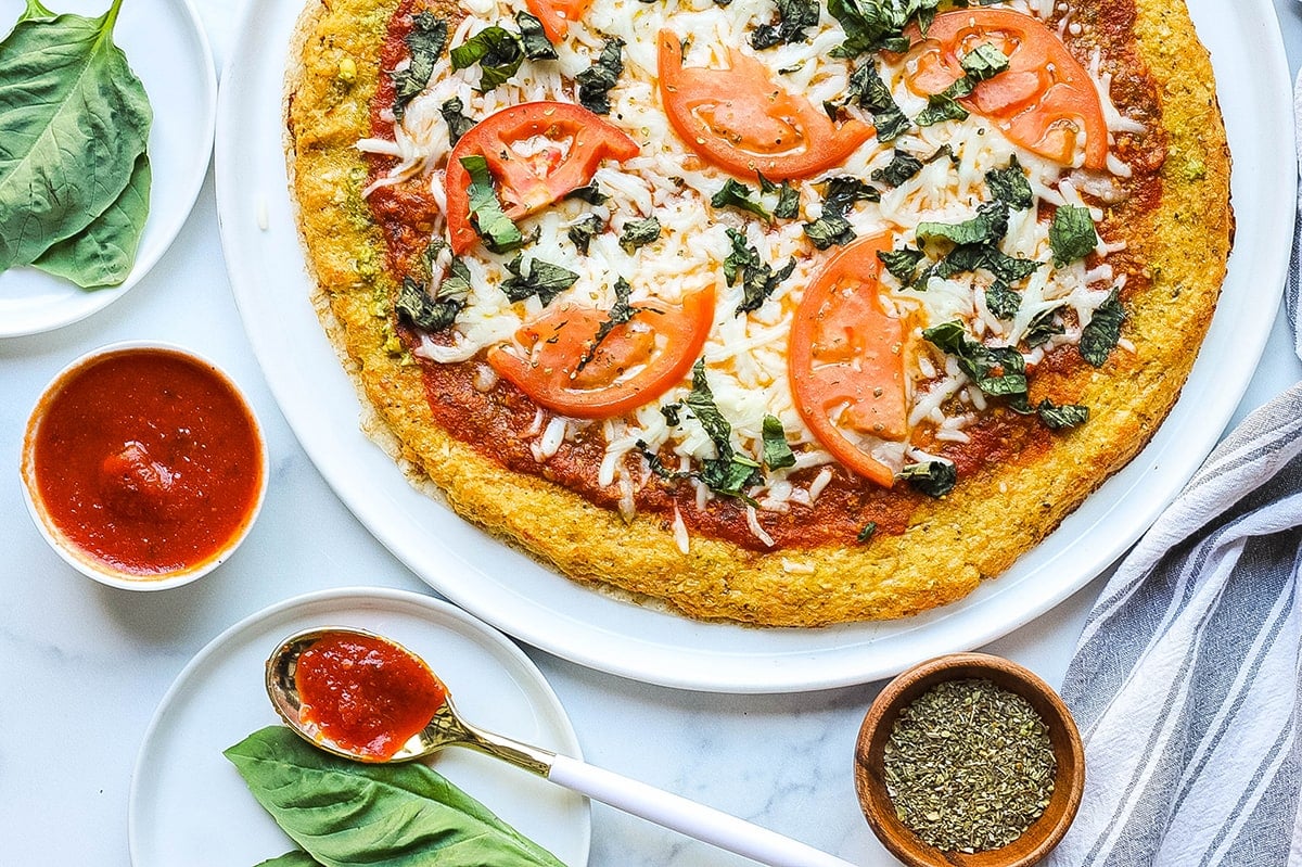 cauliflower pizza crust with topping suggestions