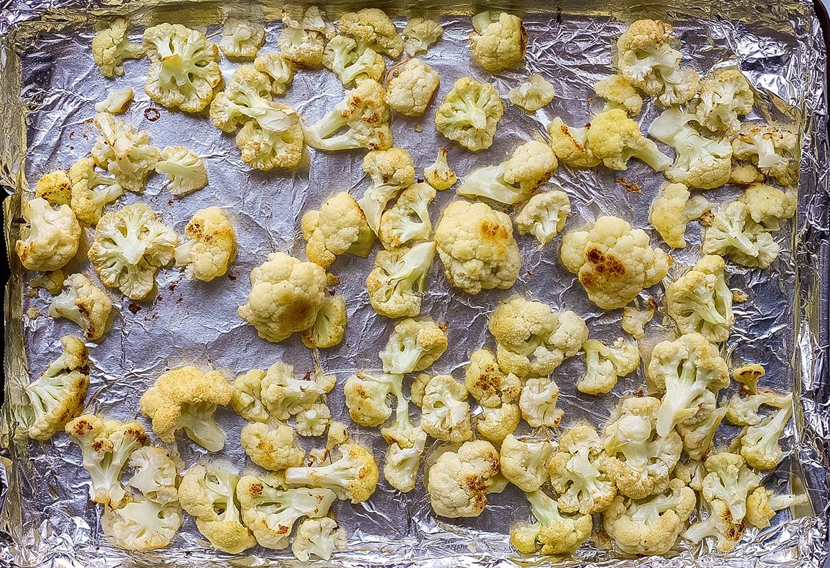 roasted cauliflower on a baking sheet 