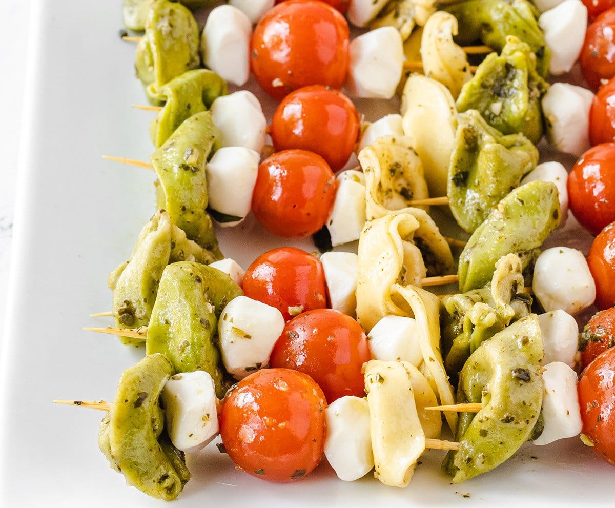 close up of tortellini on a stick 