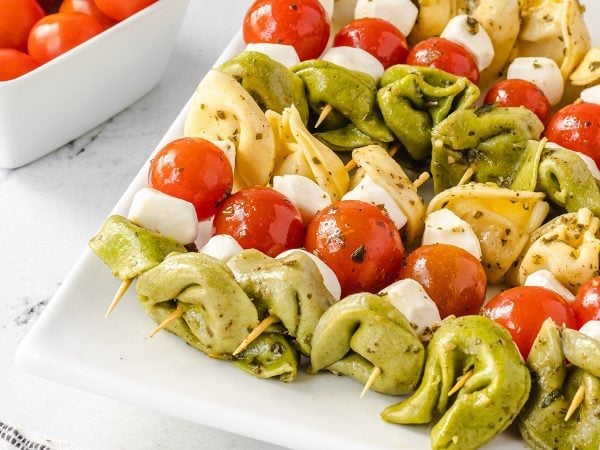 platter of tortellini salad kabobs