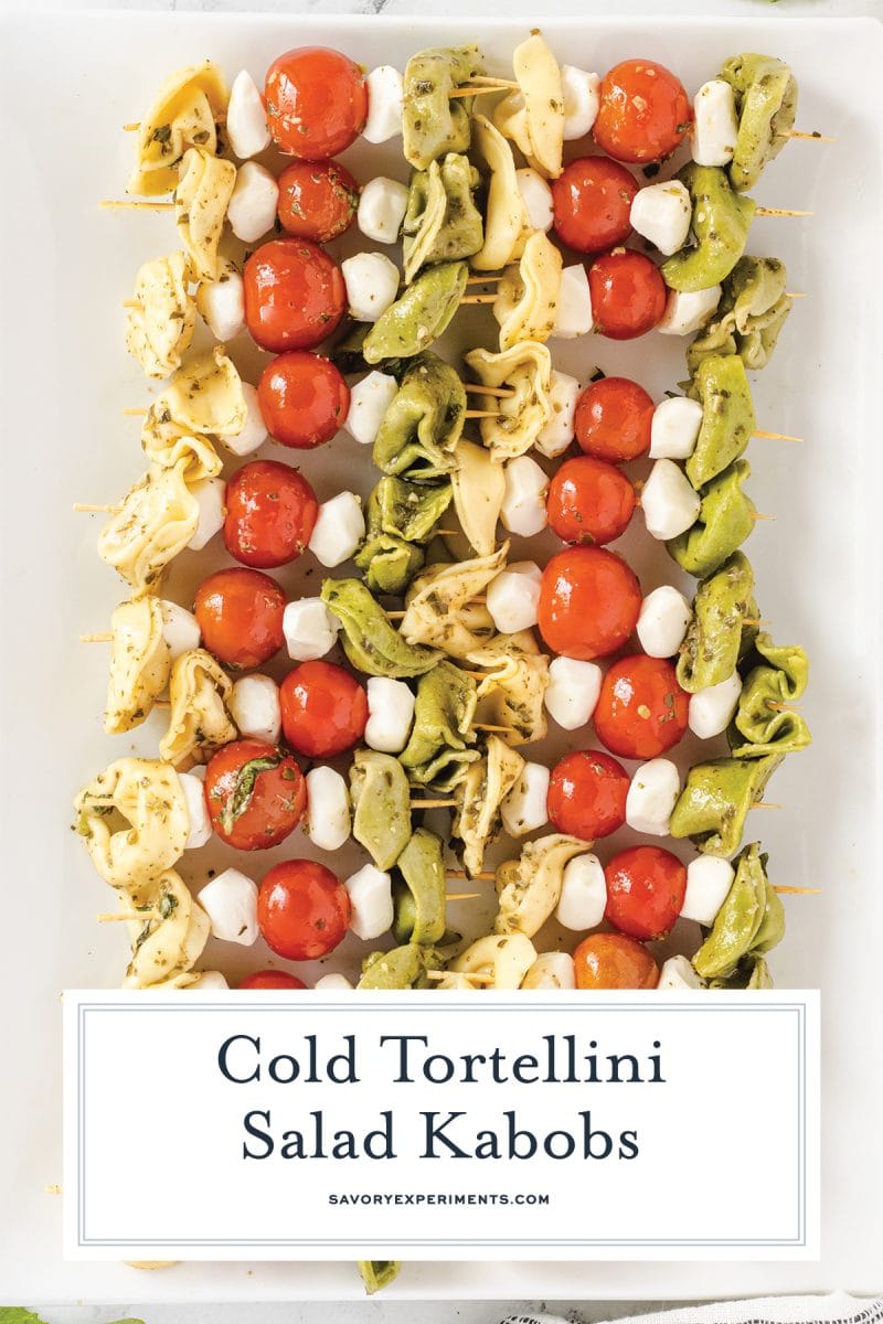 close up of tortellini salad skewers 