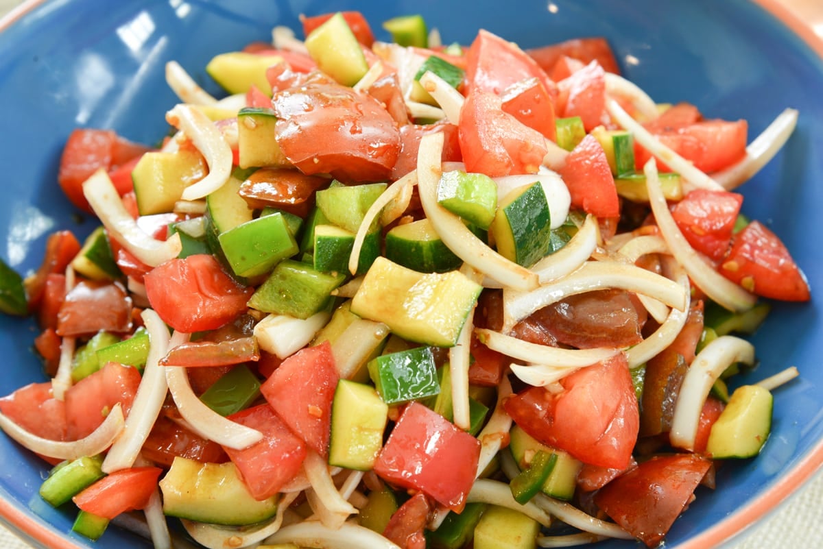 close up of tomato salad with cucumbers 