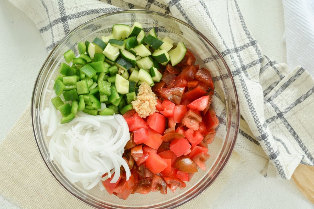 overhead of tomato salad ingredients 