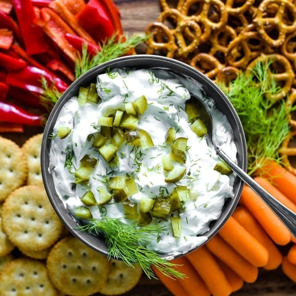 close up of dill pickle dip sandwich