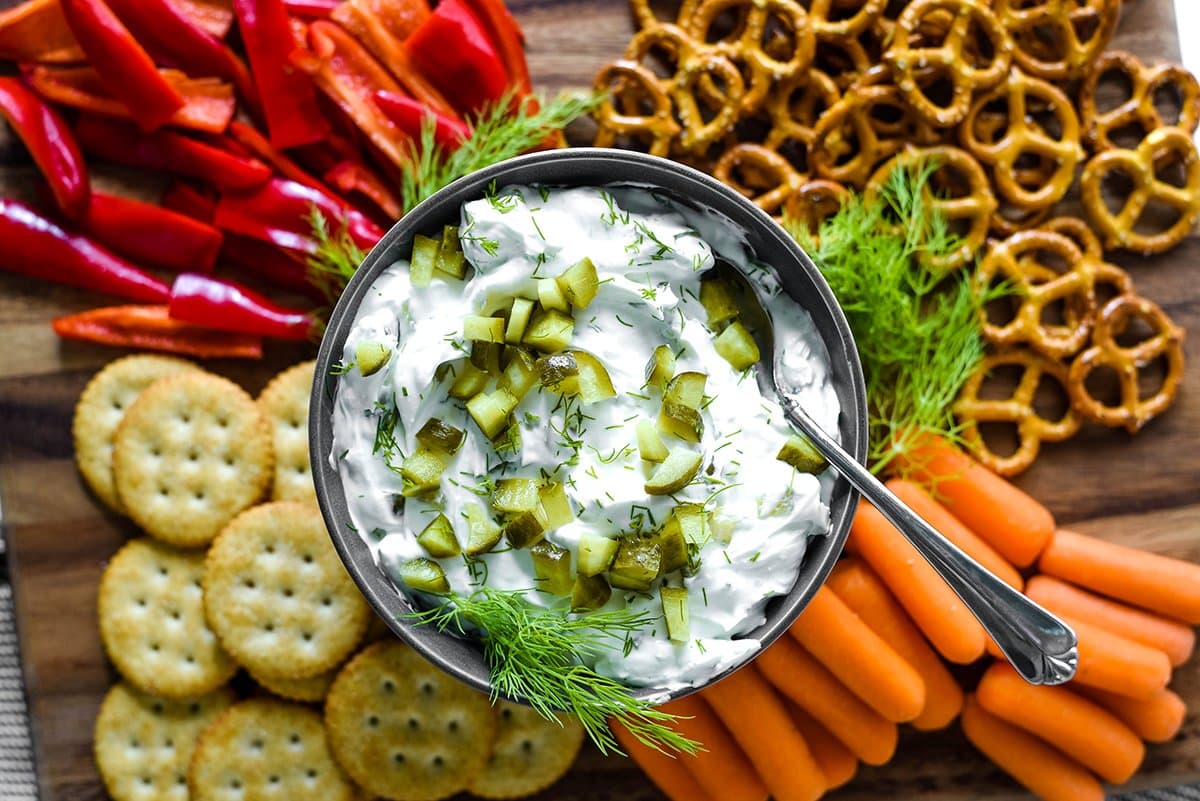 close up of dill pickle dip sandwich