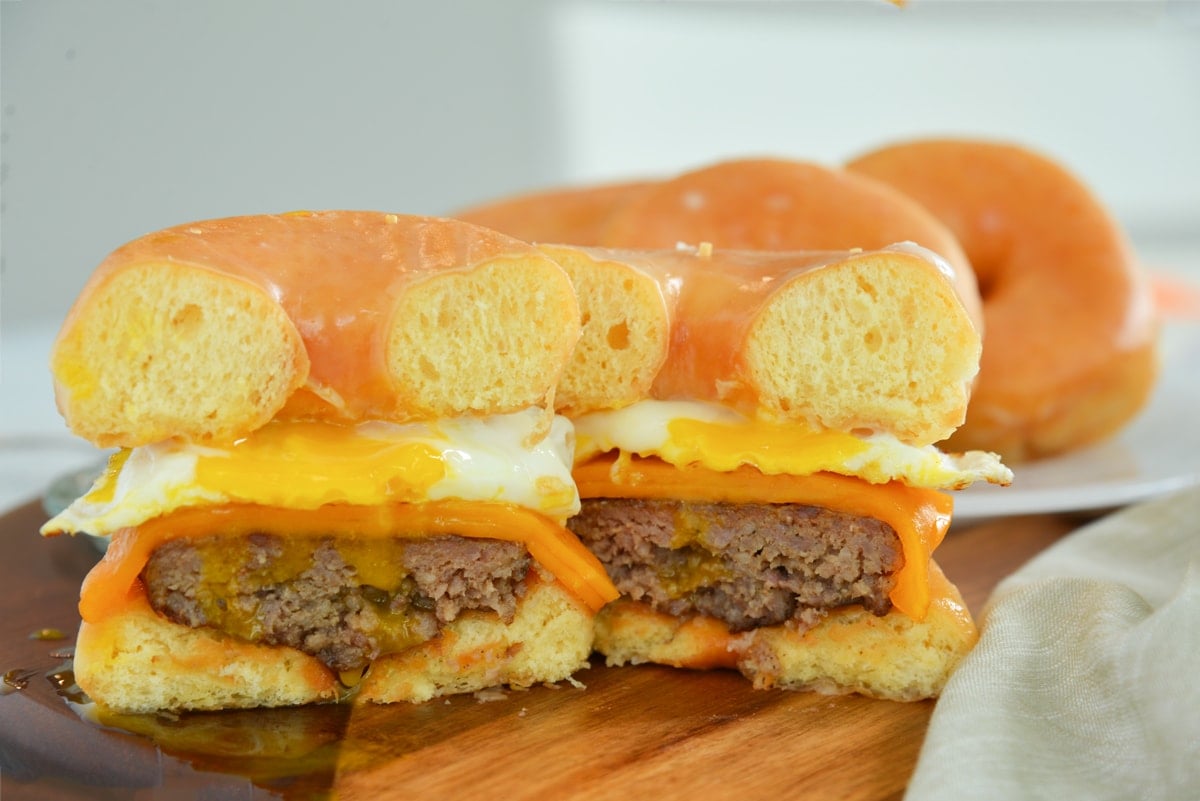 sausage, egg and cheese sandwiches on glazed donuts 