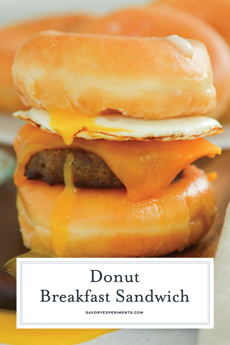 close up of layers of donut breakfast sandwich  