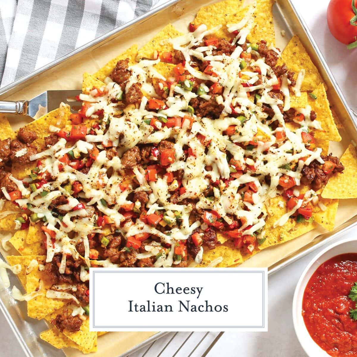 overhead of italian nachos on a sheet pan 