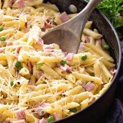 ham penne pasta in skillet