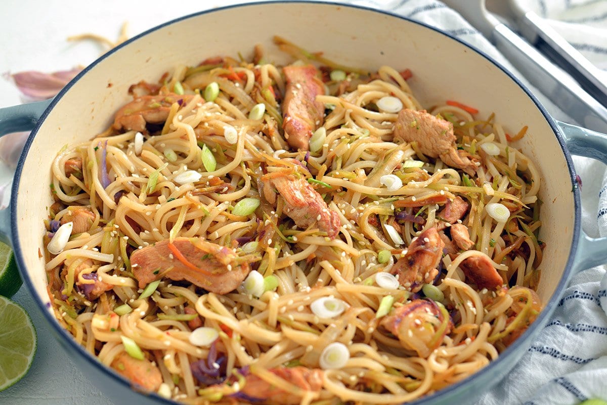 angle of chicken stir fry with noodles 