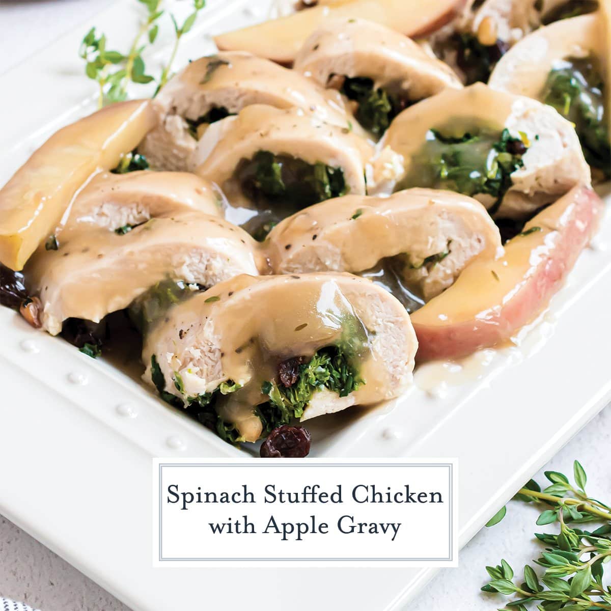 close up of stuffed chicken recipe with apple gravy