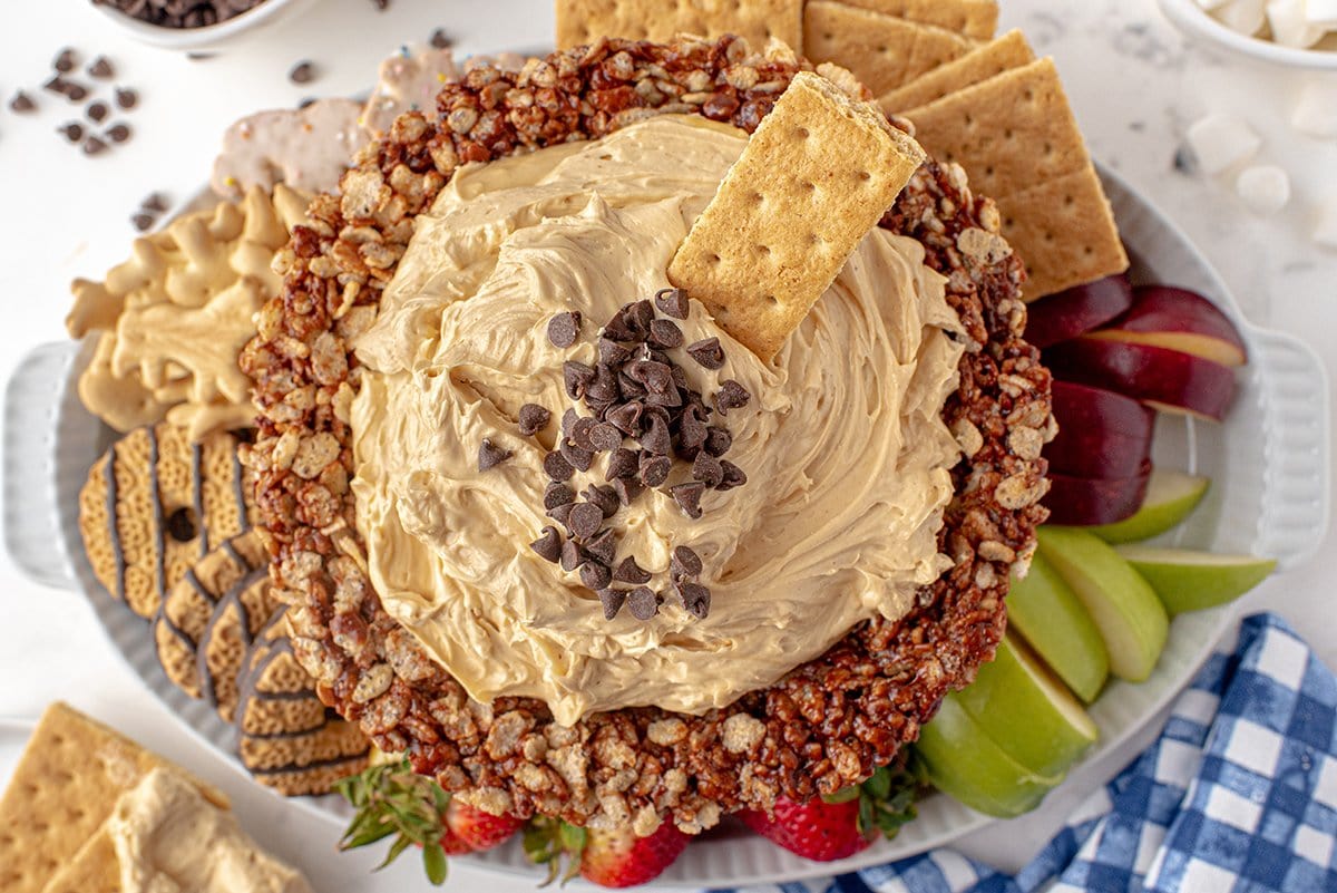 overhead shot of whipped peanut butter dip in bowl