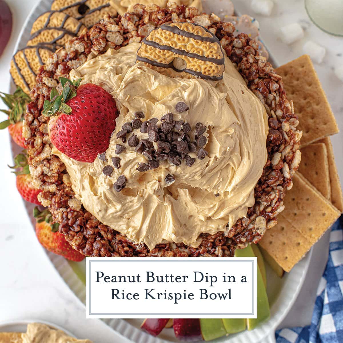 overhead shot of whipped peanut butter dip in bowl with text overlay for facebook